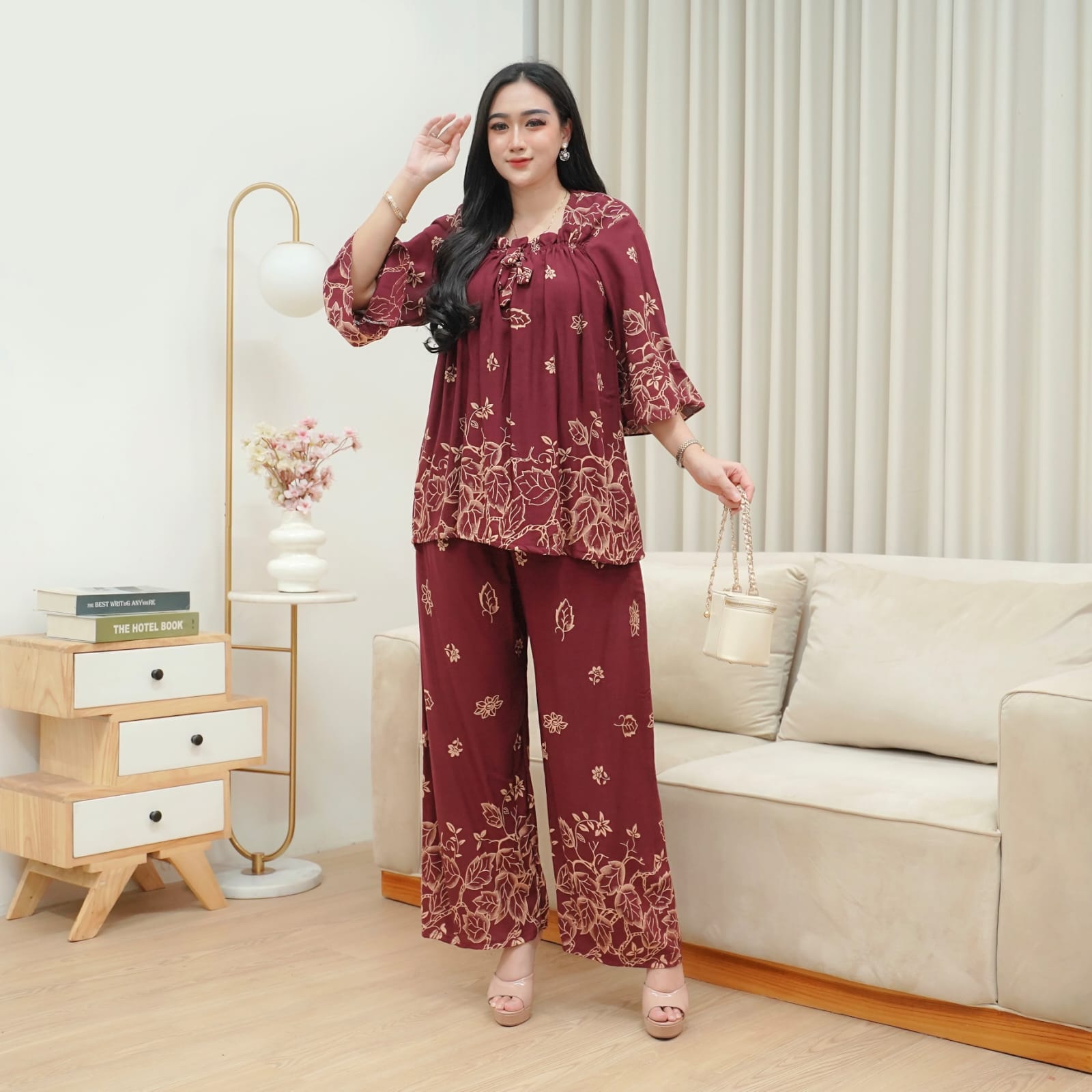Oneset fuji jumbo lengan 3/4 celana panjang kulot - Gambar 2